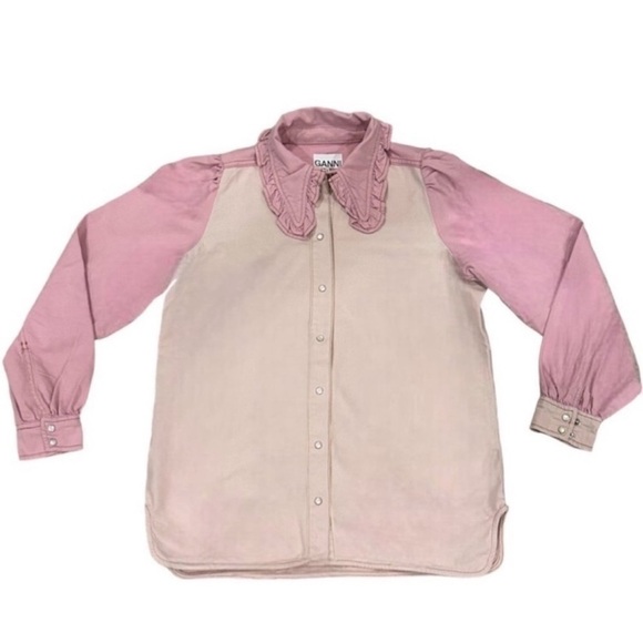 Ganni Ruffled Two-Tone Lilac Lavender Pink Denim Shirt Top Jacket Shacket NEW - Picture 9 of 12